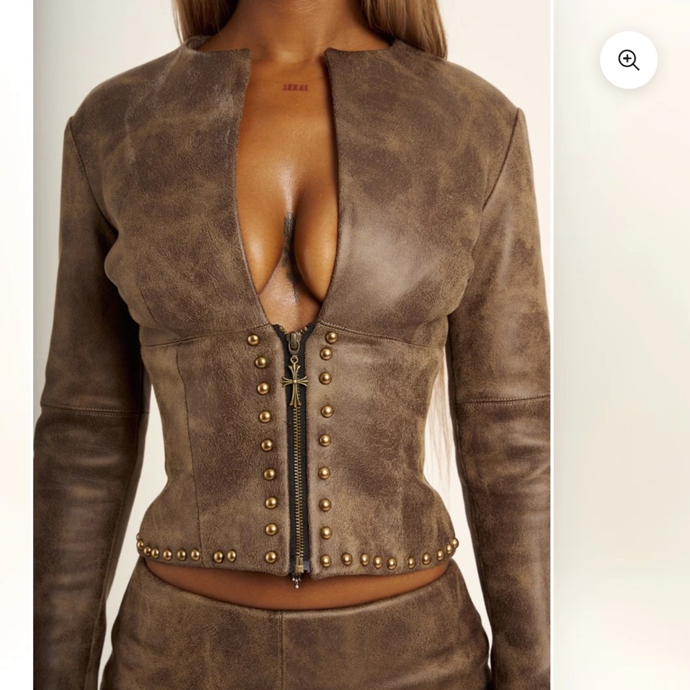 Brown Leather Jacket with Studded Details